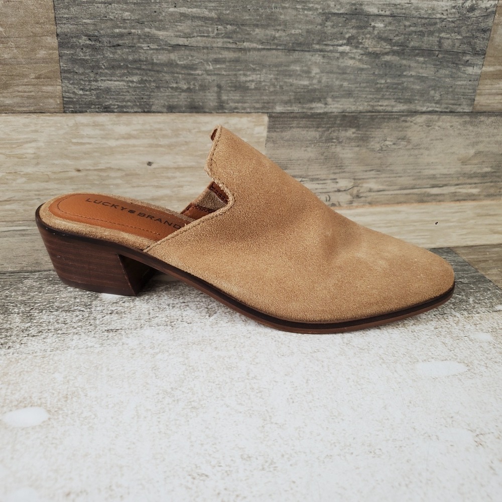 Lucky Brand Meistar Womens Mule Sz 7 M Distressed Natural Oiled Suede Block Heel